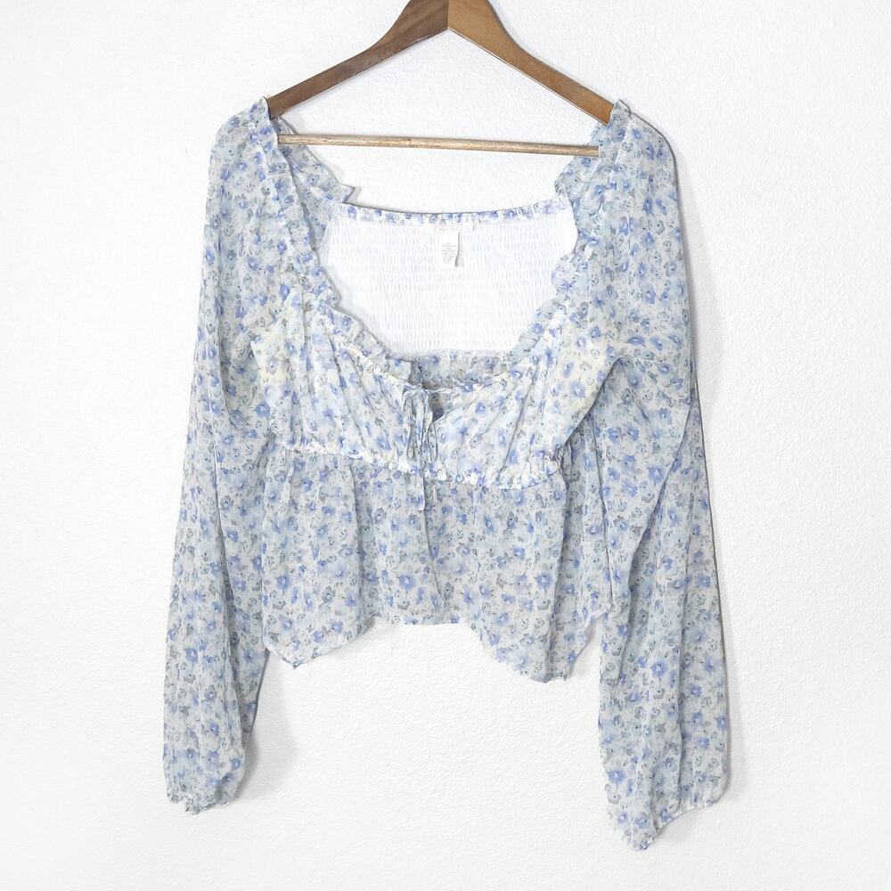Full Tilt Blouse Size L Blue Floral Ruffle Cropped Cottagecore Boho